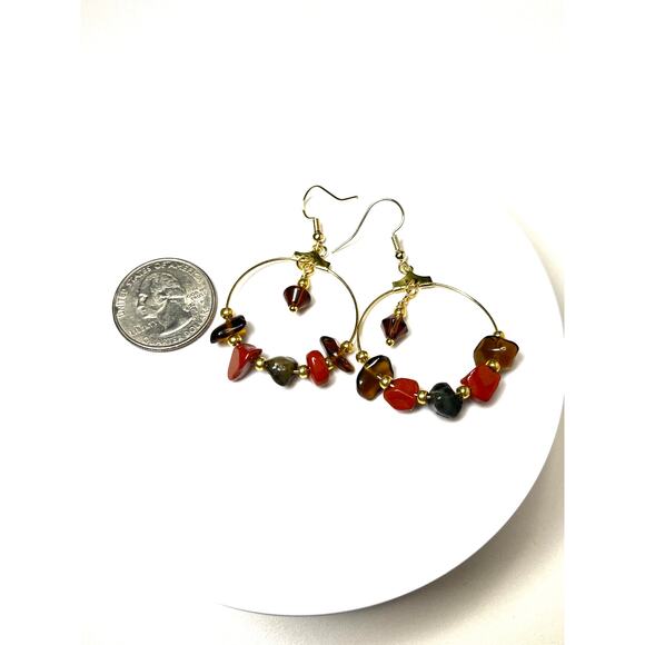 Earthy Gemstone - Glass Hoop Earrings, Gold Plated Hoops, Dangle Drop Earrings, - Picture 6 of 6